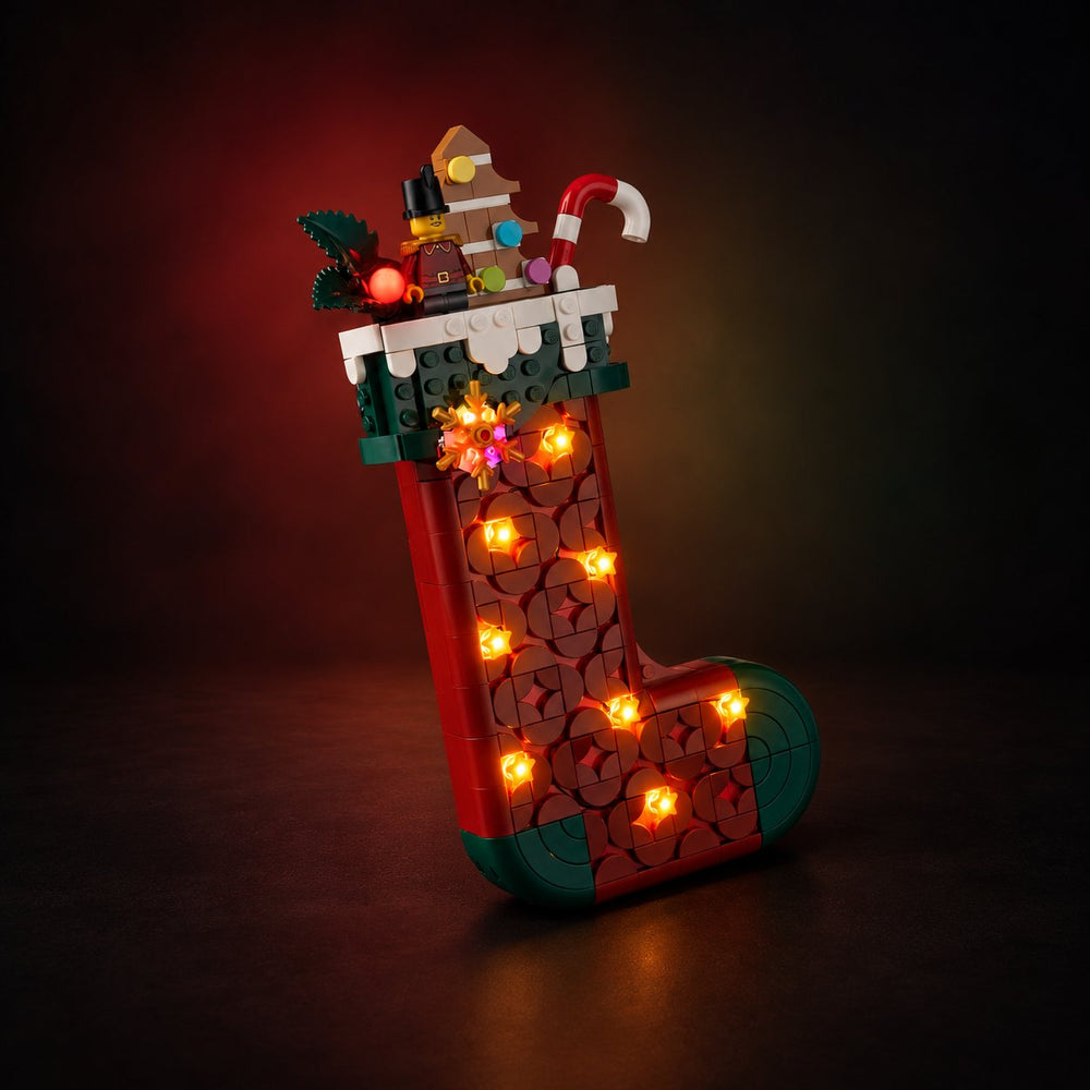 Christmas Stocking 40958 with warm star-shaped LED lights, angled front view