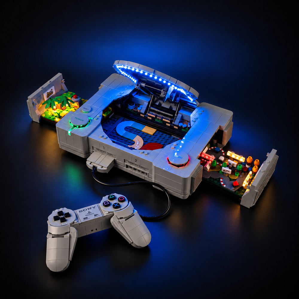LEGO PlayStation 72306 model with blue lid lighting and illuminated game scenes