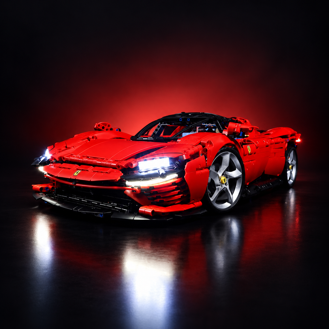 LEGO Technic Ferrari Daytona SP3 42143 light kit installed, front and cabin lighting