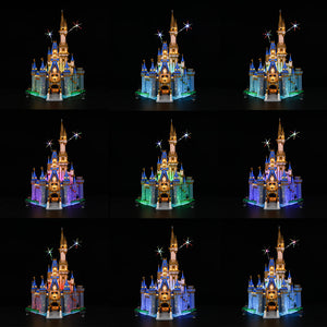 LEGO Disney Castle 43222 lit up at night with LED kit