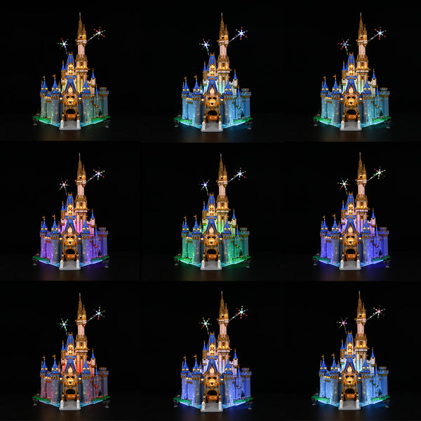 LEGO Disney Castle 43222 lit up at night with LED kit
