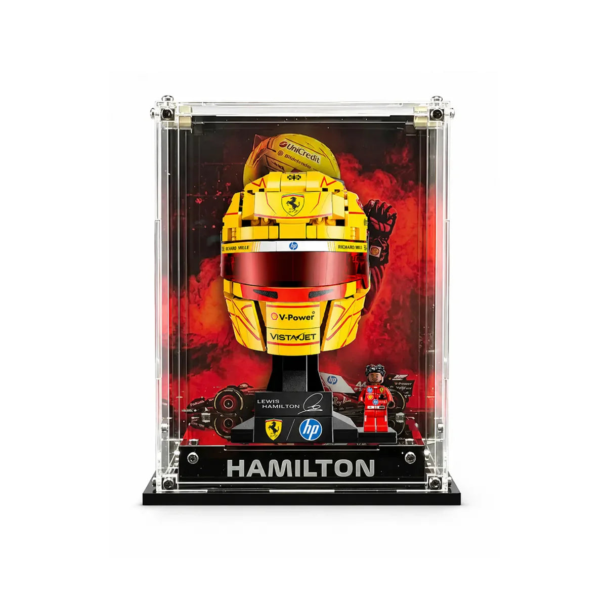 LEGO® Scuderia Ferrari HP Lewis Hamilton Helmet 43022 and Charles Leclerc Helmet 43014 Displayed in Acrylic Case