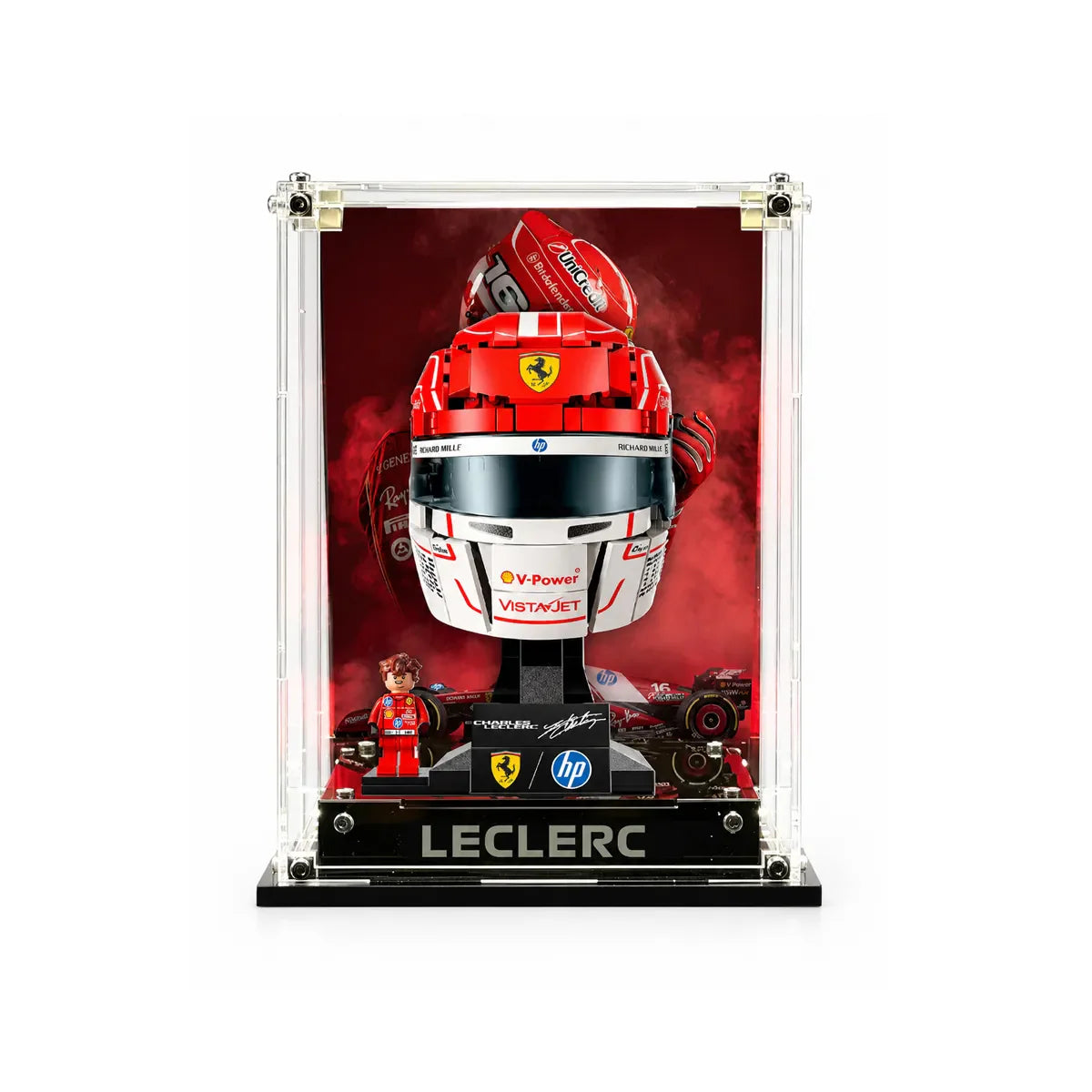 Presenting LEGO® Scuderia Ferrari HP Lewis Hamilton Helmet 43022 and Charles Leclerc Helmet 43014 in Acrylic Display Case