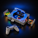 LEGO PlayStation 72306 model with blue lid lighting and illuminated game scenes