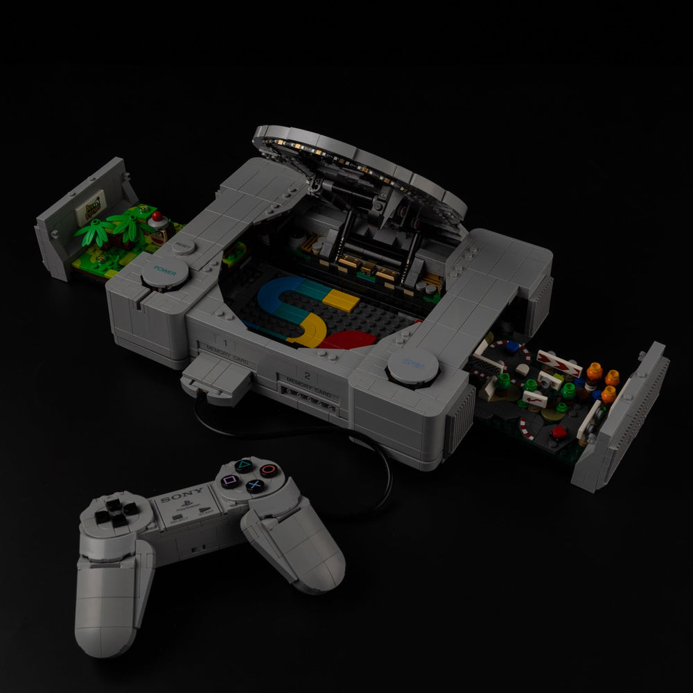 LEGO PlayStation 72306 model shown with the light kit switched off
