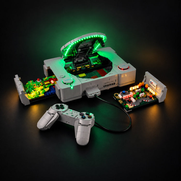 LEGO PlayStation 72306 model with green lid lighting and controller