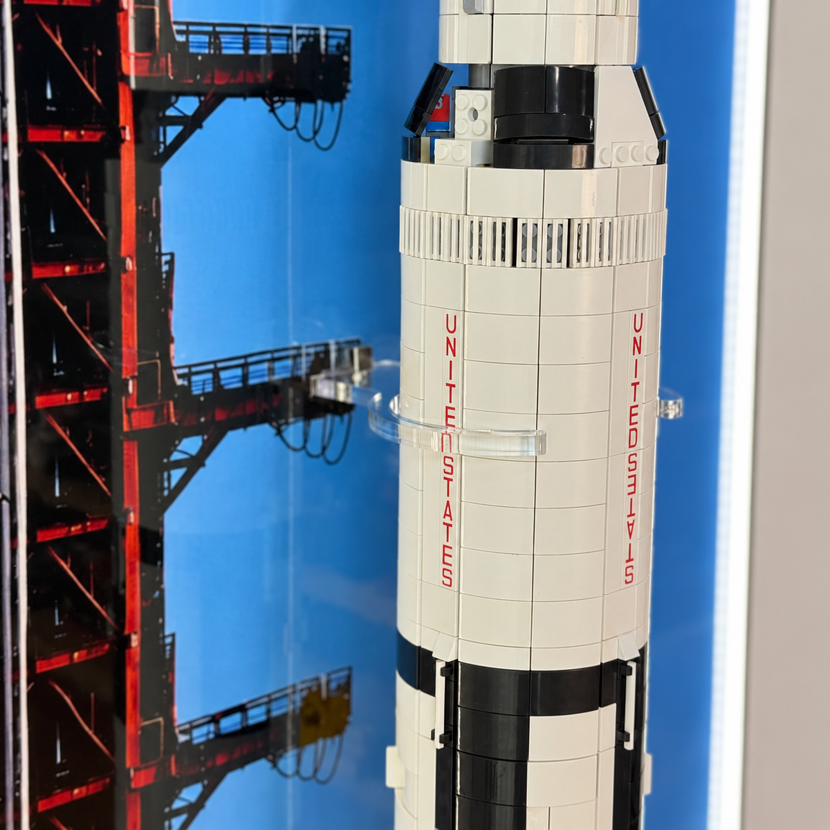 LEGO Icons NASA Apollo Saturn V 92176 display frame in room setting
